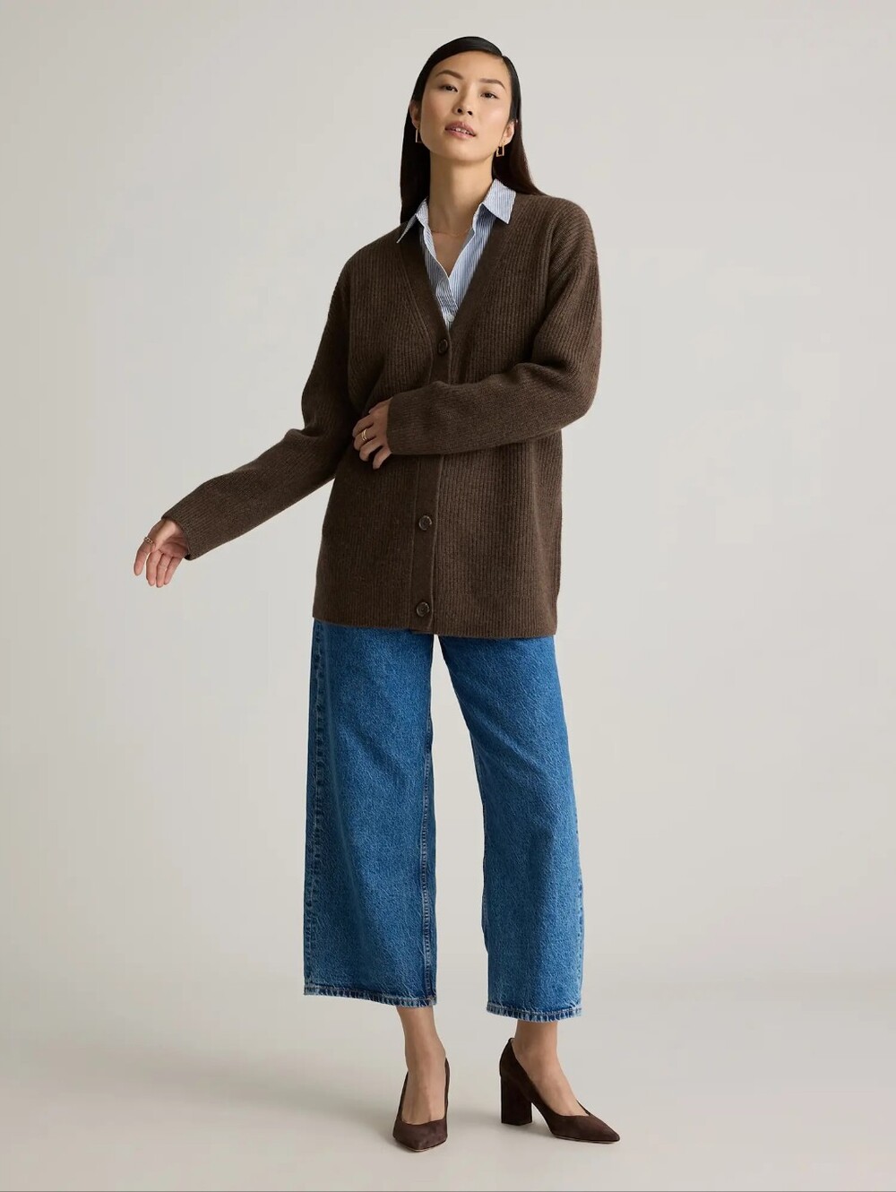 QUINCE Mongolian Cashmere 2.0 Oversized Boyfriend Cardigan Sweater Brown LARGE - Picture 2 of 10